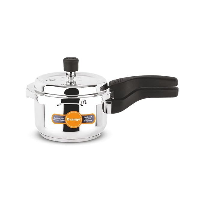 Orange Inox Series Cute Small Stainless Steel Outer Lid Pressure Cooker With Sturdy Handle 1.5L | Induction Friendly | Deep Lid for Spillage Control | 2.5mm Base Thickness | 5Year Warranty | Silver