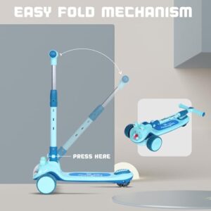 Road Runner Hopper Foldable Kick Scooter for Kids of 3+ Years, 3 Level Height Adjustment Handle, PU LED Wheels with Rear Brake & Weight Capacity Upto 50 kg (Blue)