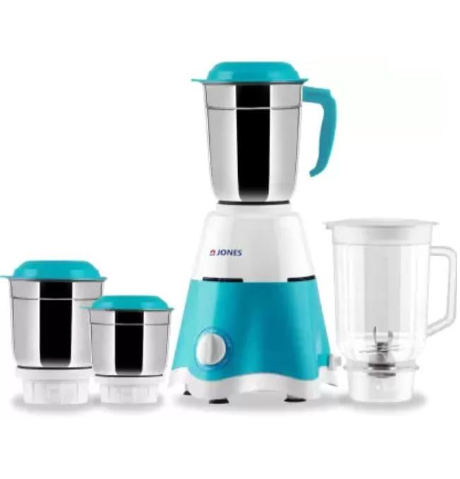 Jones Thunder Pro 750 Watt Mixer Grinder with 4 Jars for Grinding, Mixing, Juicing with Powerful Motor (Blue & White, 4 Jars)