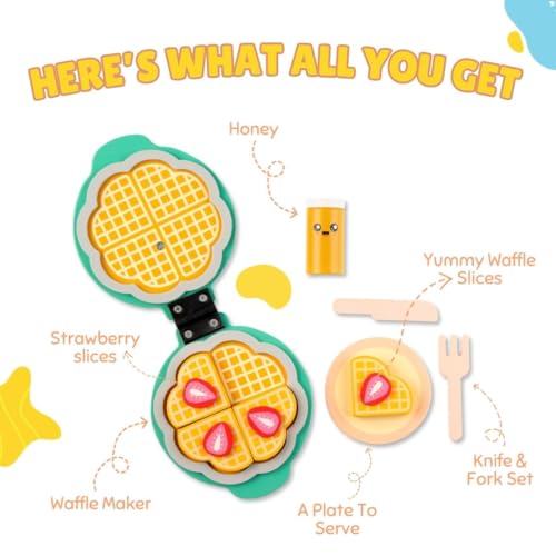 Wooden Waffle Maker Toy Set for Kids | Pretend Play Food Set with Waffles, Plate, Strawberry Slices, Knife & Fork | Toy Kitchen Playset for Boys & Girls