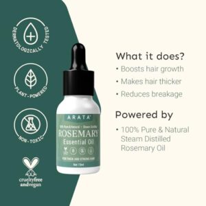 Arata Undiluted Rosemary Essential Oil For Hair Growth, Hair Fall Control & Nourishment | 100% Natural and Pure Blend | Strengthens Hair & Balances Scalp | 15ML