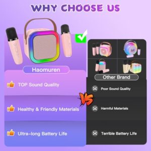 Mini Karaoke Machine for Kids, Haomuren Protable Bluetooth Speaker with 2 Wireless Microphone and LED Color Lights, Christmas Birthday Gifts Toys for Girls Boys Friends Age 3-12+ Years Old (Pink)