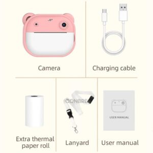 Conbre Kids Instant Print Camera with 4 Games ? 3-in-1 Digital Camera for Boys & Girls Ages 3-12 | Print Photos & Record Videos | Supports 64GB SD, Gift-Ready - 2 Rolls (Teddy)