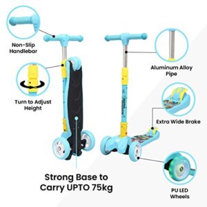 Road Runner Scooter for Kids of 3 to 14 Years Age 4 Adjustable Height, Foldable, LED PU Wheels & Weight Capacity 75 kgs Kick Scooter with Brakes (Blue)