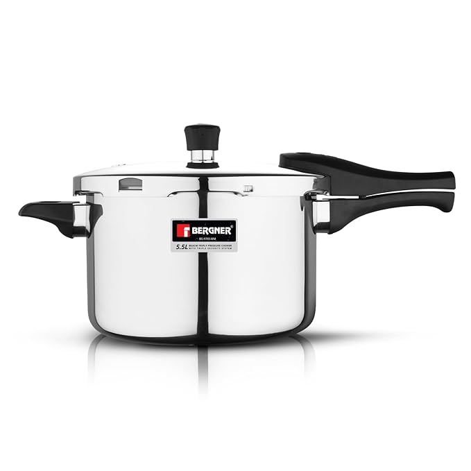 Bergner Argent Elements Triply Stainless Steel 5.5 L Outer Lid Pressure Cooker, Triply Bottom Pressure Cooker, Safety Gasket and GRS, Mirror Finish, Induction Bottom and Gas Ready - Silver