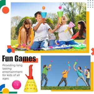 Laxmi Collection 12 Pcs Click and Catch Twin Ball Launcher Game with Balls Indoor Outdoor Toy Return Gifts for Kids Birthday Party in Bulk Multi-Color (Pack of 12)