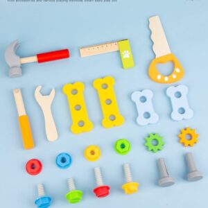 BLiSS HUES DIY Kids Wooden Portable Tool Box Toy - Role Play Kit- Includes Hammers, Screwdrivers, rulers, Wrenches & More- Fine Motor Skill Toys for Toddlers Boys & Girls