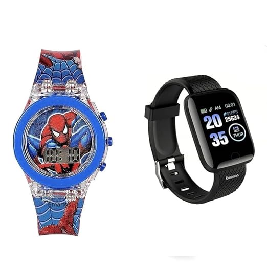 Emartos Bluetooth Wireless (D116) Smart Watch Bracelet Fitness Tracker Heart Rate Blood Pressure Pedometer Sleep Monitor and Spidermann Digital Watch(Pack of 2)