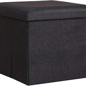 Fabric Linen Collapsible Folding Ottoman Footrest Sitting Cum Storage Cube Stool Bag Bedding Organizer (Black)