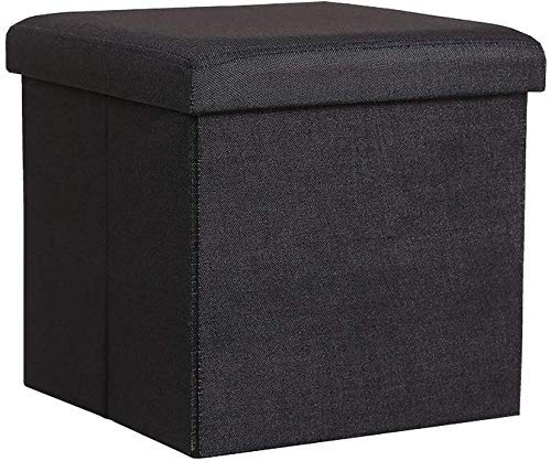 Fabric Linen Collapsible Folding Ottoman Footrest Sitting Cum Storage Cube Stool Bag Bedding Organizer (Black)