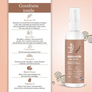 BAKE Rosemary Oil Hair Growth Serum Spray with Rice Water & Methi Dana | For Hair Fall, Hair Regrowth & Keratin Treated | Strengthen Hair Follicles | For Women & Men | 100ml (Rosemary Spray - 100ml)