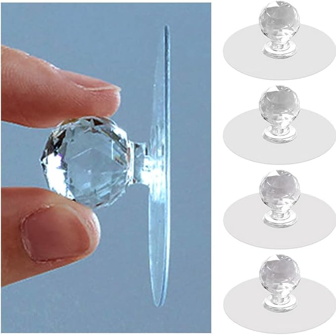 Cabinet Drawer Pull Knobs-Self Adhesive Clear Polished Acrylic Crystal Shaped Pulls Handles Knobs for Wardrobe Kitchen Cupboard Bathroom Dresser Furniture Door Window Pack of 04.