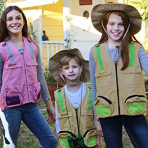 Multi-Piece Set Cargo Vest with Reflective Safety Straps, 1 8x21 Magnification Binoculars and Safari Hat for Boys and Girls (Small/Medium, Pink)