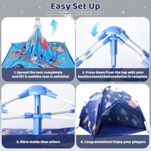 130x128x110cm Pop-up Indoor Play Tent House for Kids 1-10 Years Old, Astronaut Camping Tent for Kids with Carry Bag Breathable Mesh Roofed Tent with Zip-up Curtain Door Play House for Kids