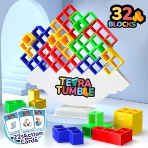 Tygatec 32 Pcs The Original Tetra Tower Stacking Blocks Balance Game, Family Board Games for Kids & Adults-Balancing Stacking Toys Building Blocks for Parties, Travel ?Multi-Colored? (Tetra Pack Of 3)