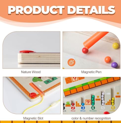 Wooden Magnetic Maze Board Toy ? Montessori Color & Counting Puzzle Game | Learning Toy for Kids Age 3 4 5 Years | Educational STEM Board for Toddlers Boys & Girls (Mushroom Maze Board)