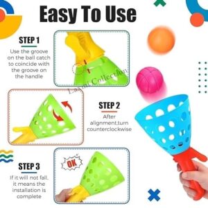 Laxmi Collection 3 Pcs Click and Catch Twin Ball Launcher Game with Balls Indoor Outdoor Toy Return Gifts for Kids Birthday Party in Bulk Multi-Color (Pack of 3)