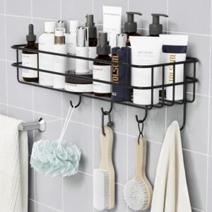 Stainless Steel Bathroom Shelf for Wall, Self Adhesive Bathroom Organiser, 4 Hooks for Towel Holder, Space-Saving Wall Mounted Bathroom Shelf with Elegant Design (Pack of 1, Black)