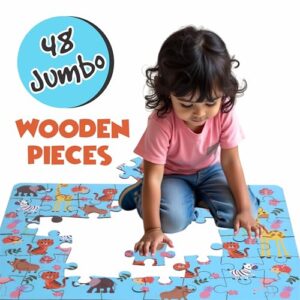 BRAIN BASKET Wildlife Animal Floor Puzzle | Jumbo Wooden Jigsaw Puzzle with Flash Cards for Kids | Fun Facts Animal Puzzles, Educational Toys, Gifts for Boys & Girls Ages 4+ Years (48 Pieces)