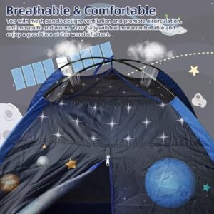 Foldable Indoor Play Tent House for Kids 2-10 Years Old, Cartoon Space Travel Design Camping Tent for Kids Breathable Mesh Roofed Tents with Open Curtain Door Play House for Kid, 120x120x100cm
