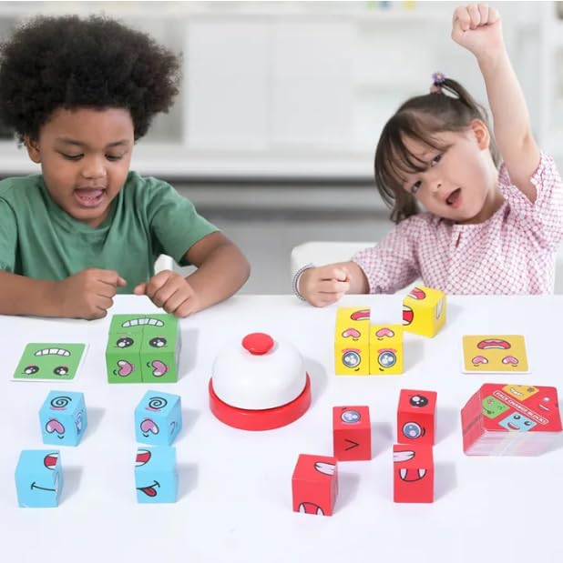 Toy Imagine? Face Change Blocks Game for Kids ? 4 Player Emoji Expressions Matching Cube Puzzle with Bell, 72 Challenge Cards ? Brain Games & Educational Toys for Boys & Girls Ages 5-12