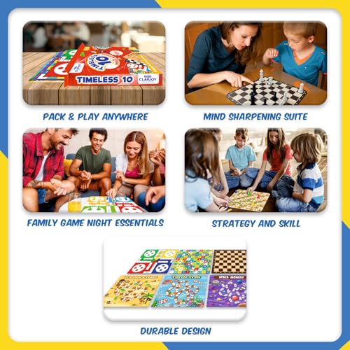Timeless 10 Board Game Set | 10-in-1 Classic Indoor Games for Kids & Adults | Ludo, Snakes & Ladders, Chess, Car Drive, Travel Game & More | Fun Family & Party Game (Age 4+)