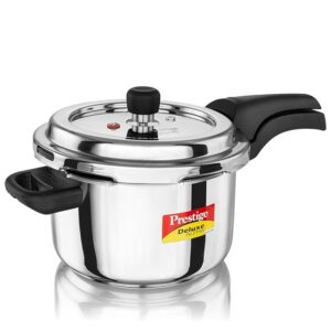 Prestige 4 Litre Stainless Steel Deluxe Alpha Svachh Outerlid Pressure Cooker |Deep lid for spillage control|10 years warranty|Gas & Induction compatible|Gasket release system|ISI Certified