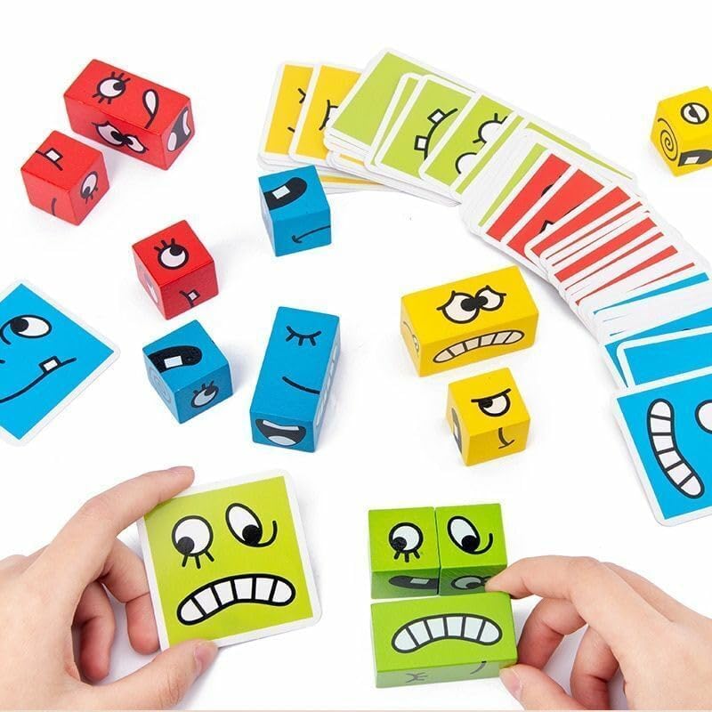SUPER TOY Face Change Rubika Cube Wooden Puzzle Game Brain Teaser Educational Toy Cards for Kids Adult Expressions Matching Emoji Face Changing Blocks Toy Boys Girls Gift