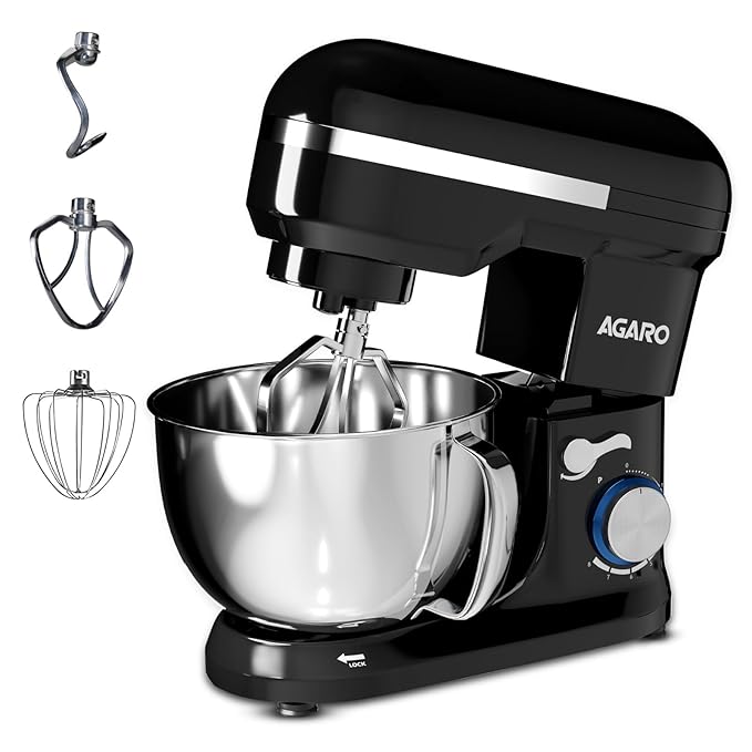 AGARO Royal Stand Mixer 1000W with 5L SS Bowl and 8 Speed Setting I Includes Whisking Cone, Mixing Beater & Dough Hook, and Splash Guard, 2 Years Warranty, (Black)
