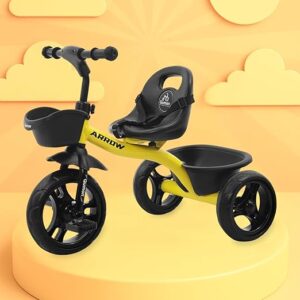 Qumon Arrow Kids Tricycle for 1-5 Years – Sturdy Ride-on Trike with Front & Rear Baskets, Comfortable Seat with Safety Belt, Easy Pedal Cycle for Boys & Girls (Capacity 30kg) (Lemon Green)
