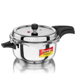 Prestige 5 Litre Stainless Steel Deluxe Alpha Svachh Outerlid Deep Pressure Pan (Pressure Cooker)|10 years warranty|Deep lid for spillage control|Gas & induction compatible|ISI Certified