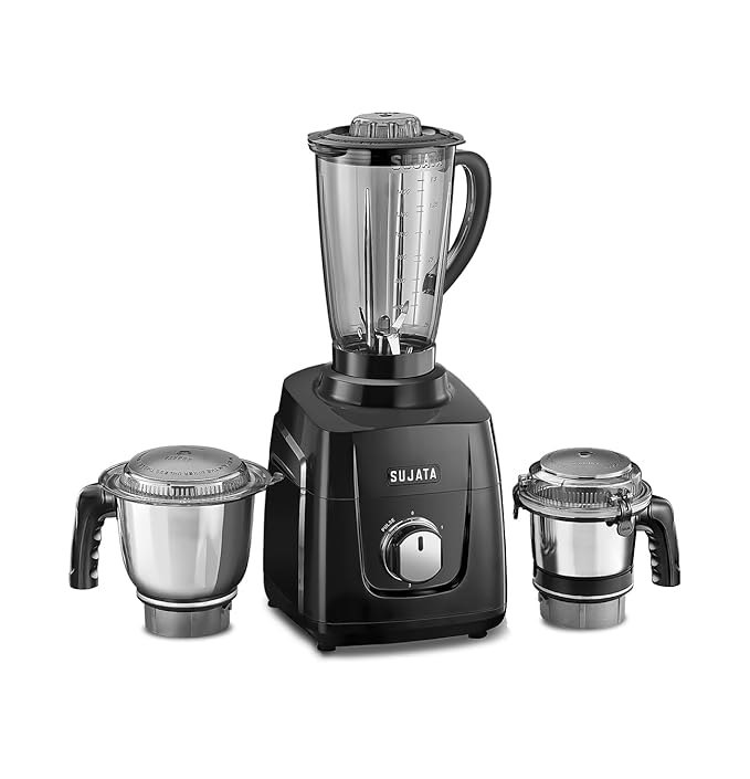 Sujata MG01 Mixer Grinder|1000 Watts Double Ball Bearing Motor|25000 RPM| Non-Stop 90 Mins Running|3 Jars including 1750ml Blender, 1000ml Grinder, 500ml Chutney Jar| (Black)
