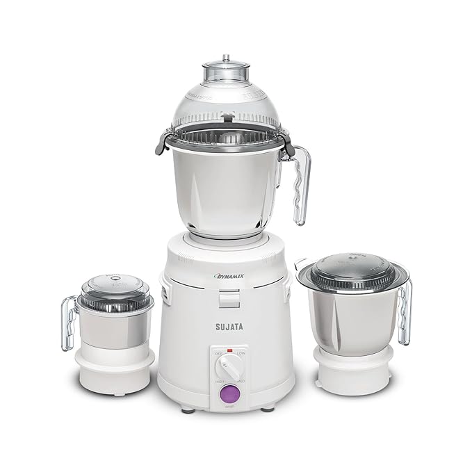 Sujata Dynamix Mixer Grinder|900 Watts Double Ball Bearing Motor|22000 RPM|Non-Stop 90 Mins Running|3 Food Grade Steel Jars including 1500ml Multipurpose, 1000ml Grinder, 500ml Chutney Jar| (White)