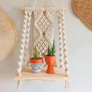 Macrame Wall Hanging Plant Decor Shelf Indoor Outdoor Floating Wood Shelve Decorative Hand Made Rope Boho Shelving For Plants, White