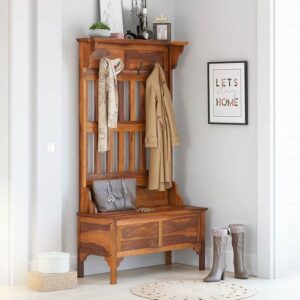 Sheesham Wood Console Table for Living Room | Wood Foyer Tables for Entryway with Box Trunk Storage | Wooden Side Entrance Table with 4 Hook Clothing Storage Organizer for Hallway | Honey