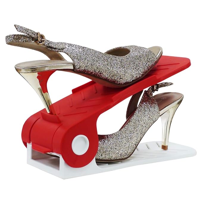 (Pack of 6 pcs. - Adjustable Shoe Organizers/Organiser/Shoe Shelf/Rack/Slots/holders/Space Saver/double deck/layer/Storage Cum Organizer - Red & White Combo, Plastic, Cm