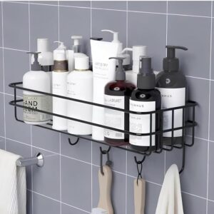 Aluminium Self-Adhesive Bathroom Shelf with Hooks - Space-Saving Wall Mounted Shelf for Bathroom Essentials - Durable, No-Drill Required - Sleek Design. (Pack of 1)