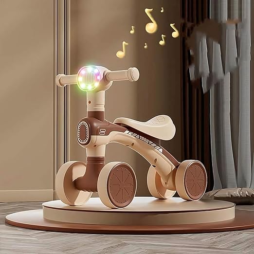 Balance Bike Colorful Lighting Kids for 2-6 Year Old Girl & Boy, Toddler Training Walker, 4 Wheels & Comfortable Seat, First Birthday Gift (Brown)