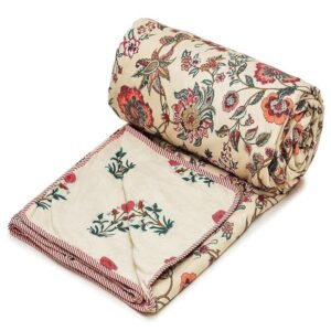 COZY FURNISH Single Bed Summer Blanket 144x220CM, Microfiber Cotton Lightweight Quilt, 150GSM AC Comforter, Cooling Floral Pattern Blanket, Soft and Cozy, Ideal for Gifting and Travel