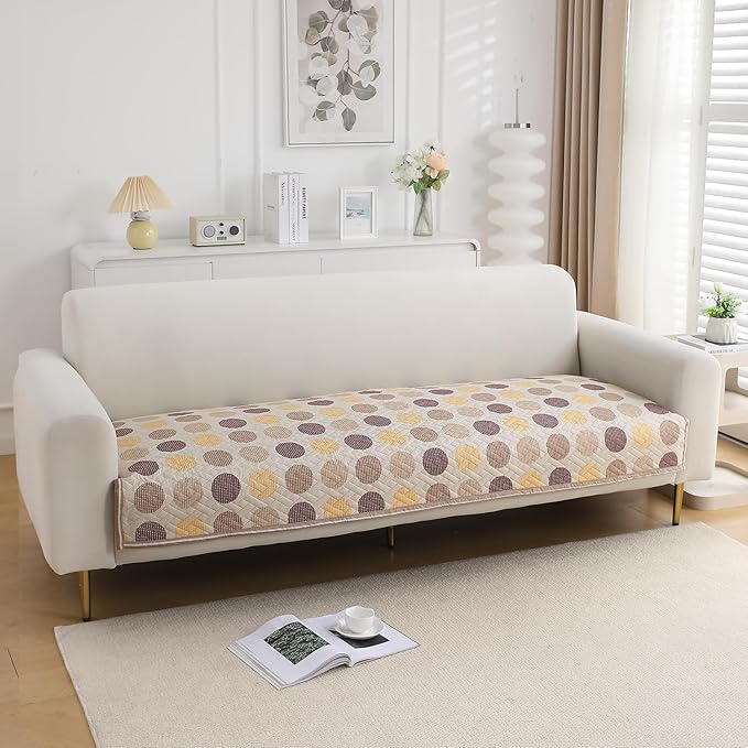 HOKIPO 'HomeHues Series' Printed Quilted Sofa Cover Mats for L Shape and 1/2/3 Seater Sofa. Make Your Own Sofa Cover Set, Mat Length 90(D) x 220(L) cm, Brown Polka Dot (IN-816-D4)