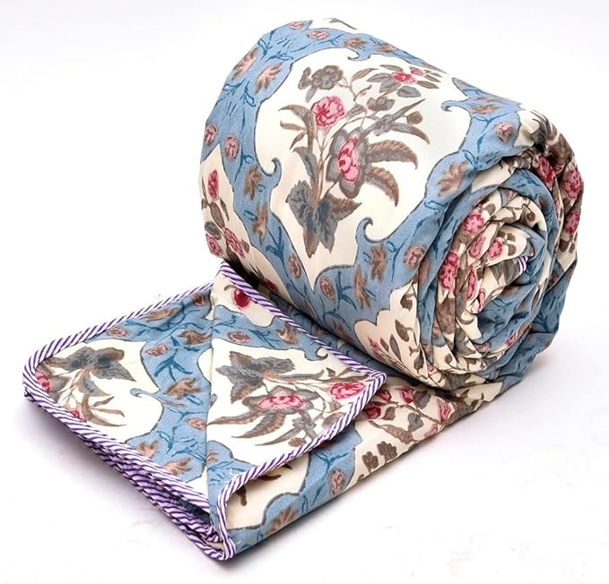 COZY FURNISH Summer Single Bed Blanket 144x220CM, Cooling Microfiber Cotton, Lightweight 150GSM AC Comforter, Soft Breathable Floral Print Quilt, Thin Blanket for Summer, Perfect for Gifting