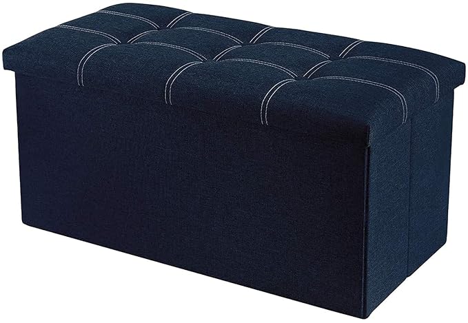 Collapsible Long Folding Ottoman Footrest Sitting Storage Cube Stool Sofa Bedding Organizer (Blue)