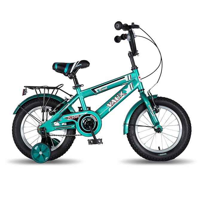 Vaux Excel 14T Cycle for Boys Age 3 to 5 Years with Sidewheels, 14inch Bicycle for Kids with Carrier, Rigid Fork, Alloy Rims & Tubular Tyres, Ideal Height:2.9ft-3.6ft(Green)