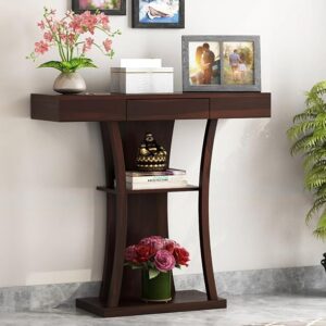 Sheesham Wood Console Table for Living Room | Solid Wood Foyer Tables for Entryway with Drawer & Shelf Storage | Wooden Side Entrance Table for Home & Office | Roswood, Walnut Finish