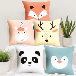 Story@Home Cushion Cover Set of 5 Cartoon Animal Face Printed Decorative Pillow Cushion Covers - 16 in x 16 inch, Polyester, Multicolor