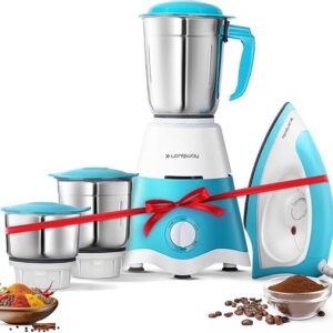 Longway Super Dlx 700 Watt Mixer Grinder with 3 Jars for Grinding, Mixing with Powerful Motor & Kwid 1100 Watt Dry Iron | 1 Year Warranty | (Blue & White, Combo Offer)