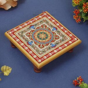 Handicrafts Paradise (4 x 4 inch) Intricate Floral Painted Marble Chowki (Multicolour) Square, Home Mandir, Idols Statues Pratima, Bajot for God, Home Décor Showpiece