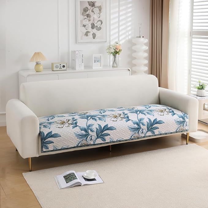 HOKIPO 'HomeHues Series' Printed Quilted Sofa Cover Mats for L Shape and 1/2/3 Seater Sofa. Make Your Own Sofa Cover Set, Mat Length 90(D) X 220(L) Cm, Celadon Blue Camellia (IN-816-D8)