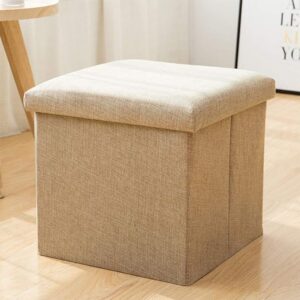 Fabric Linen Collapsible Folding Ottoman Footrest Sitting Cum Storage Cube Stool Bag Bedding Organizer (Beige)