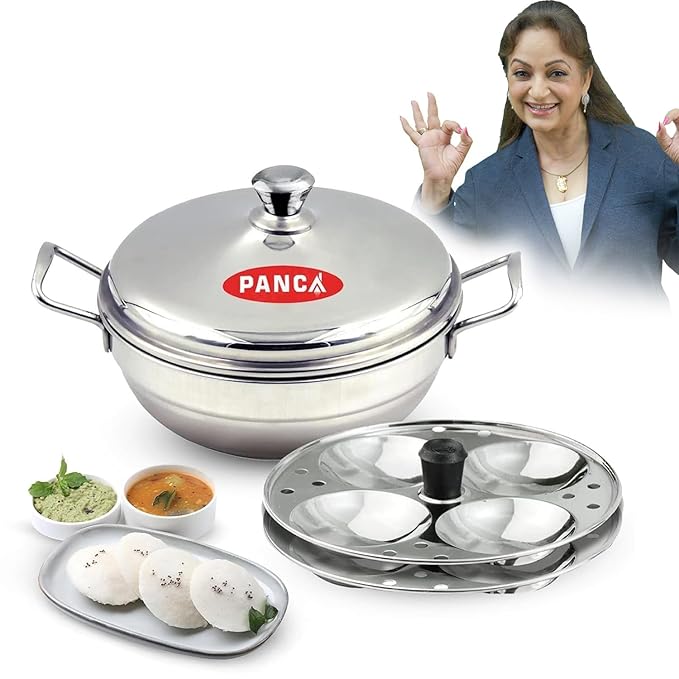 PANCA 15 liter Stainless Steel Multi Purpose Kadai with Steel Lid, Idli Maker 2 Idli Plate 8 Cavity Idli Cooker Stainless Steel Idly Pot with Steamer